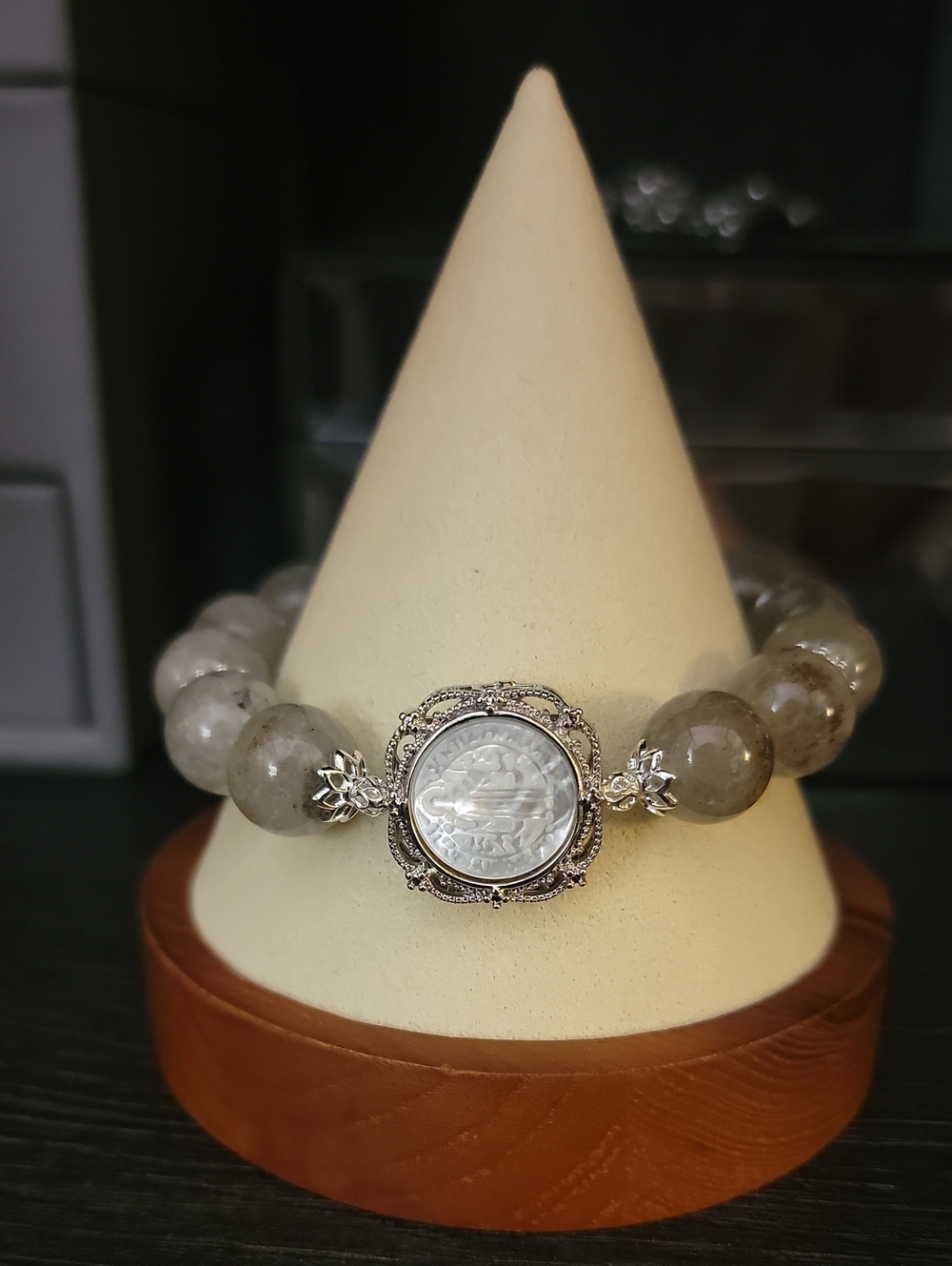 Mother of Pearl Virgin Mary Charm With Phantom Quartz Gemstone Bracelet